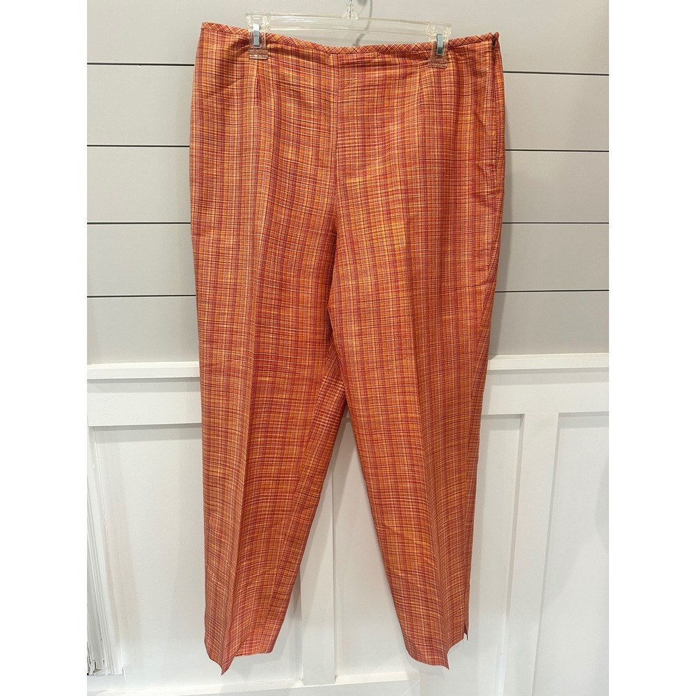 Talbots 100% Silk Plaid Straight Leg Pants Orange Red Check Side Zip Size 14